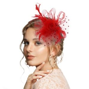 AOREAS Red Fascinator Tea Party Hats For Women Elegant Red Fascinator NEW